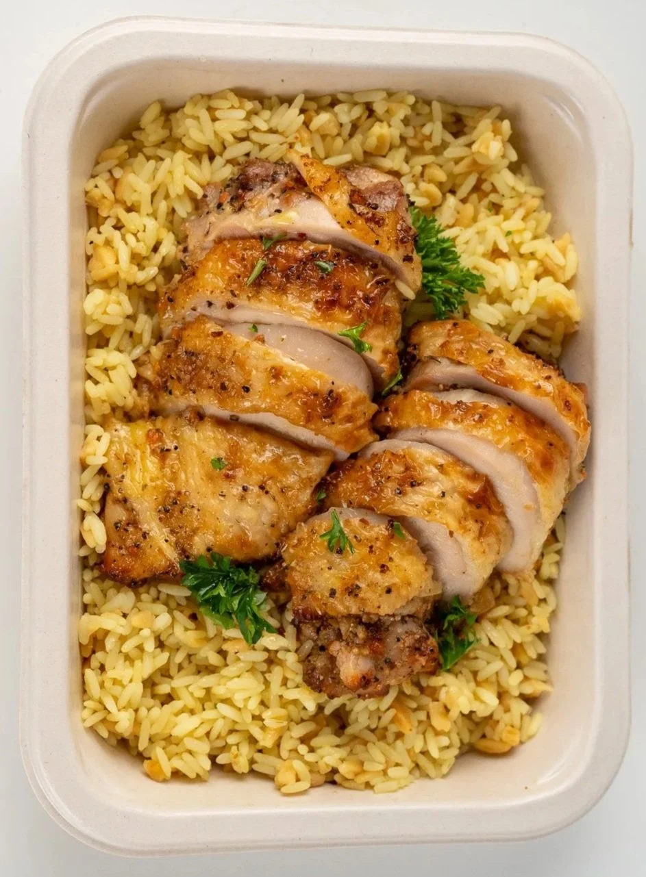 Cooked sliced chicken breast on a bed of yellow rice with parsley garnish in a white container.
