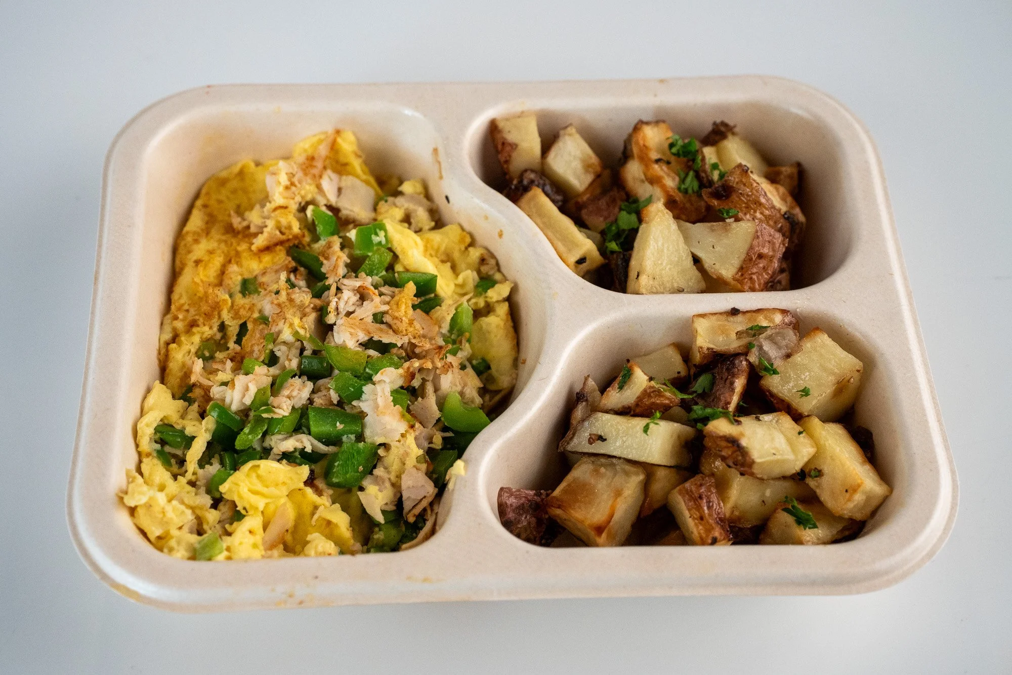 Turkey, Peppers & Onion Scramblette with Oven Hash Browns