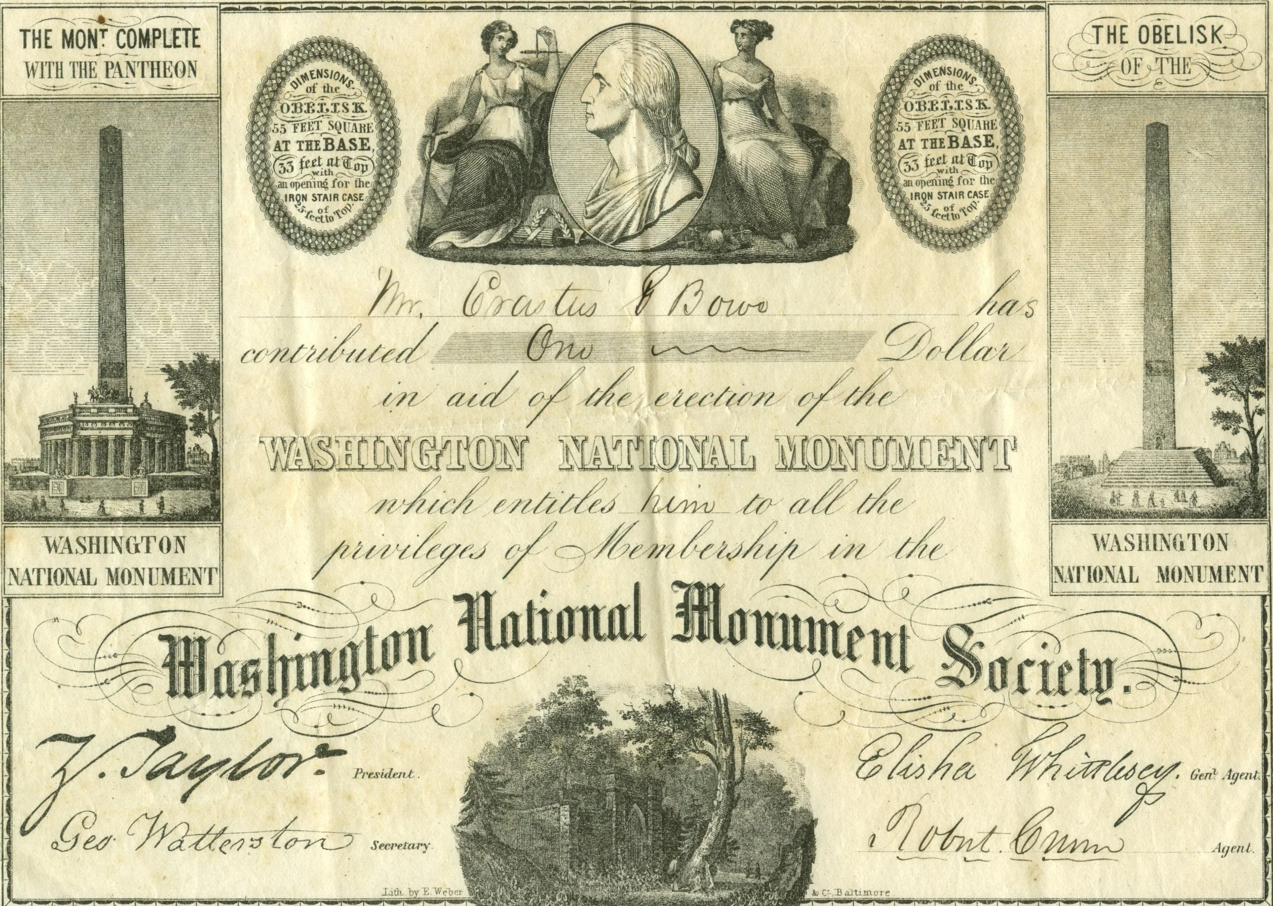 Contribution Certificate to the erection of the Washington National Monument given to Erastus G. Bowe.