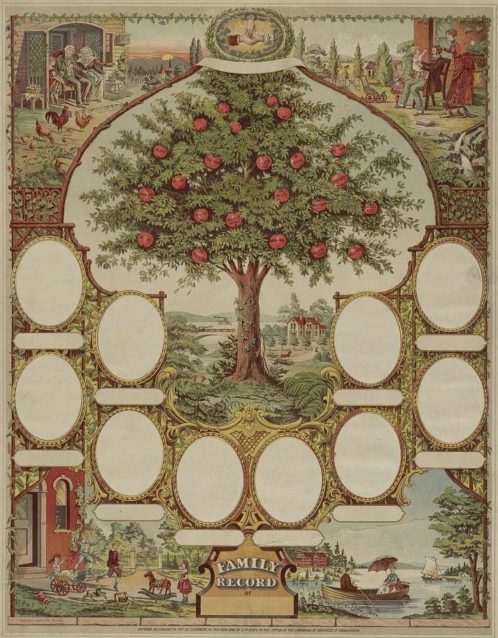 An ornate scrapbook page featuring a central illustration of a fruit tree with red apples. Surrounding the tree are various vintage scenes, including people engaging in outdoor activities, a family scene indoors, and a lakeside with boats. There are blank spaces with decorative borders for filling in family records.