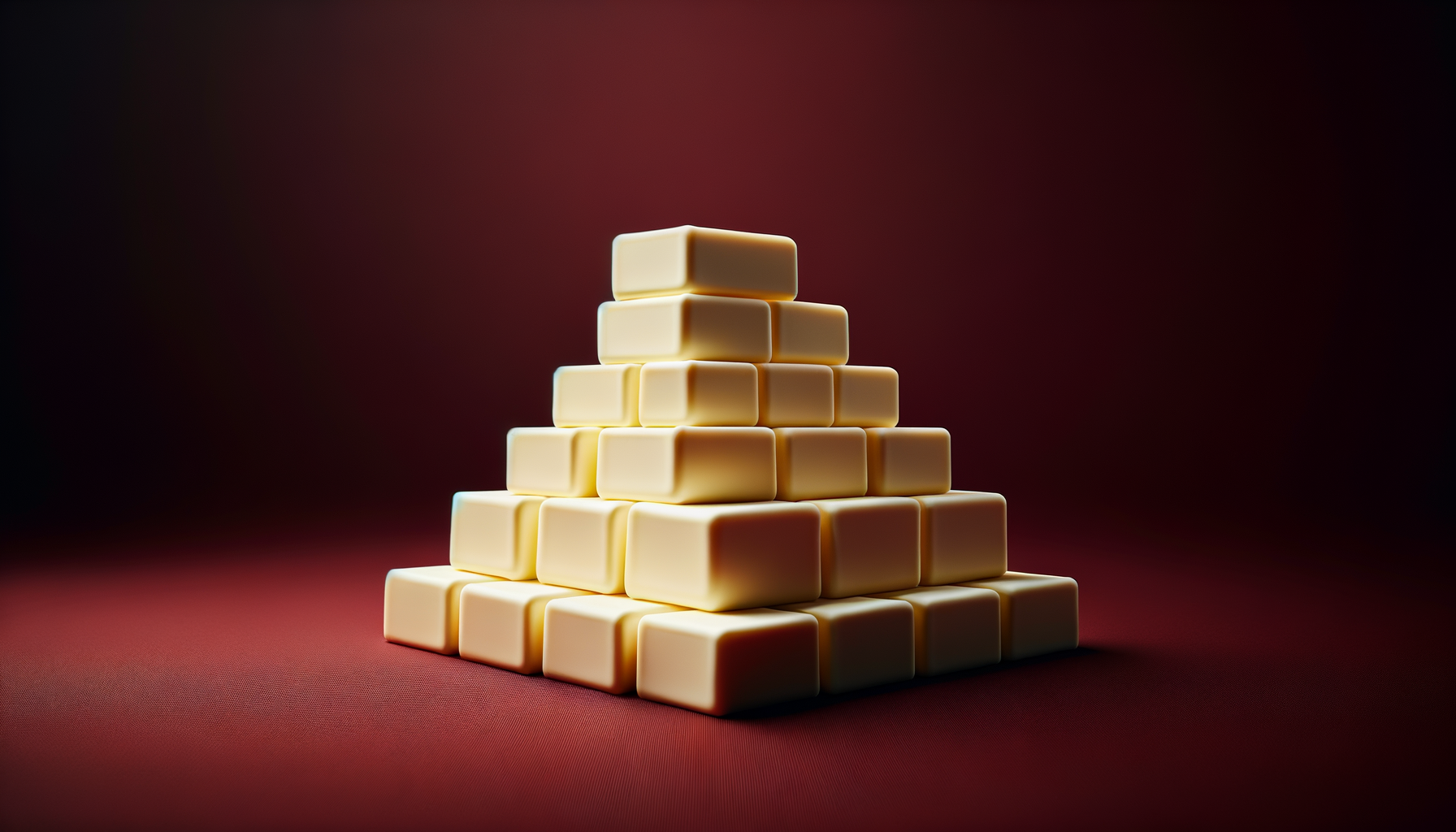 Pyramide aus weißen Schokoladentafeln auf rotem Hintergrund.