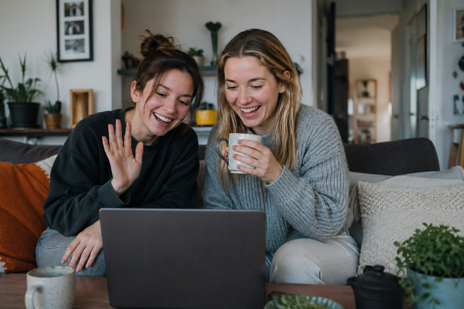 A young female couple sat on a couch chatting to someone on a laptop. They are both white, mid twenties and casually dressed