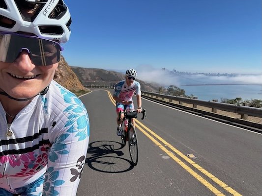 Co-founders : MacBeth & Michael Horvath riding Hawk Hill, fog in the background.