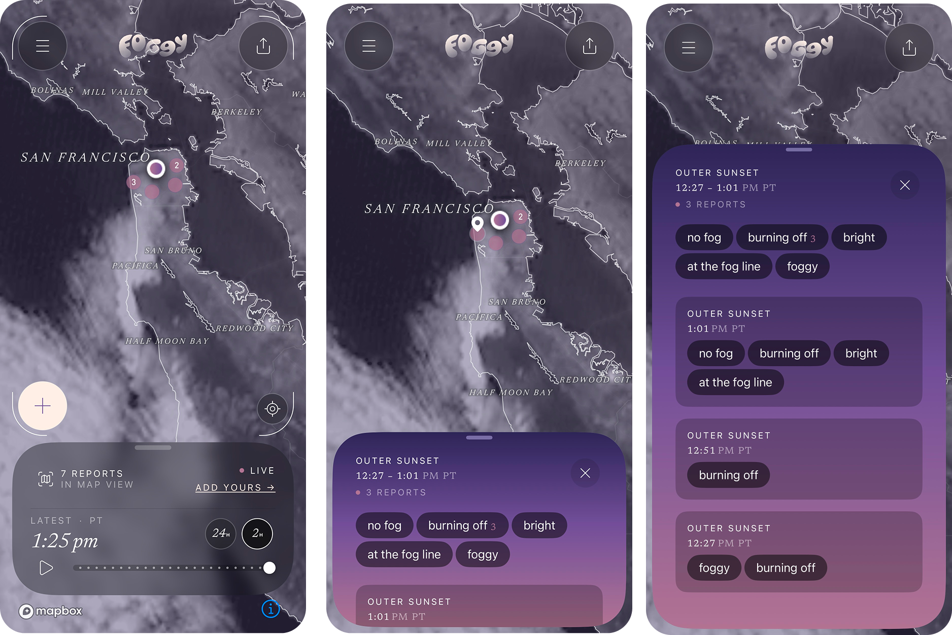 three views of reports clusters and reports viable by taping on the dots