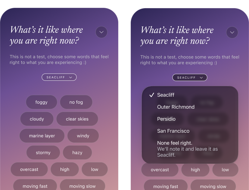 image of the in app drop down options for location