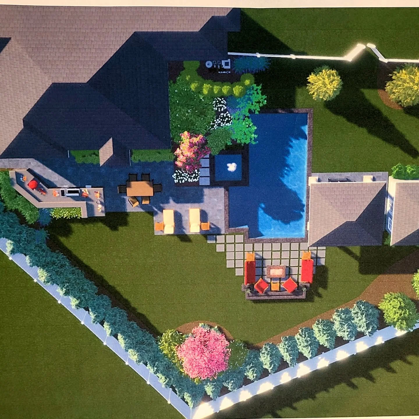 Take a look how this site started. The backyard did not have a functional inviting vibe.  The wood deck was too small and did not flow.  Poor grading led to pools of water.  We designed a new space that would be inviting for everyday use or having fa