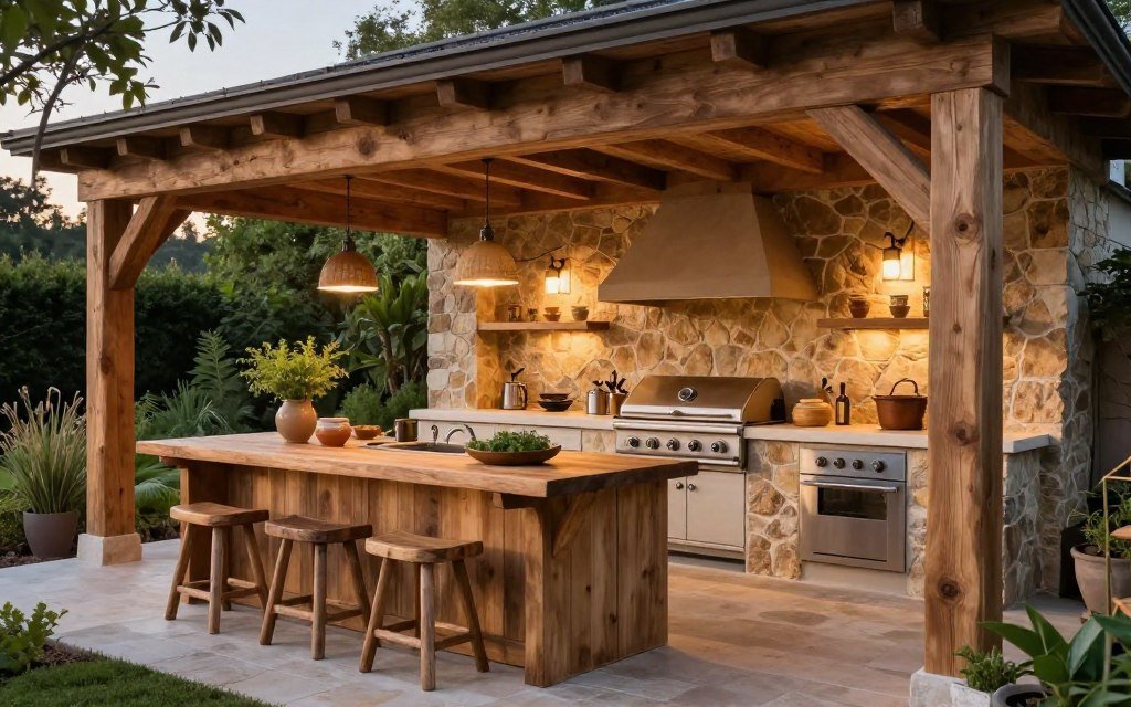 Modern Rustic: Covered Outdoor Kitchen Ideas Using Wood and Stone
