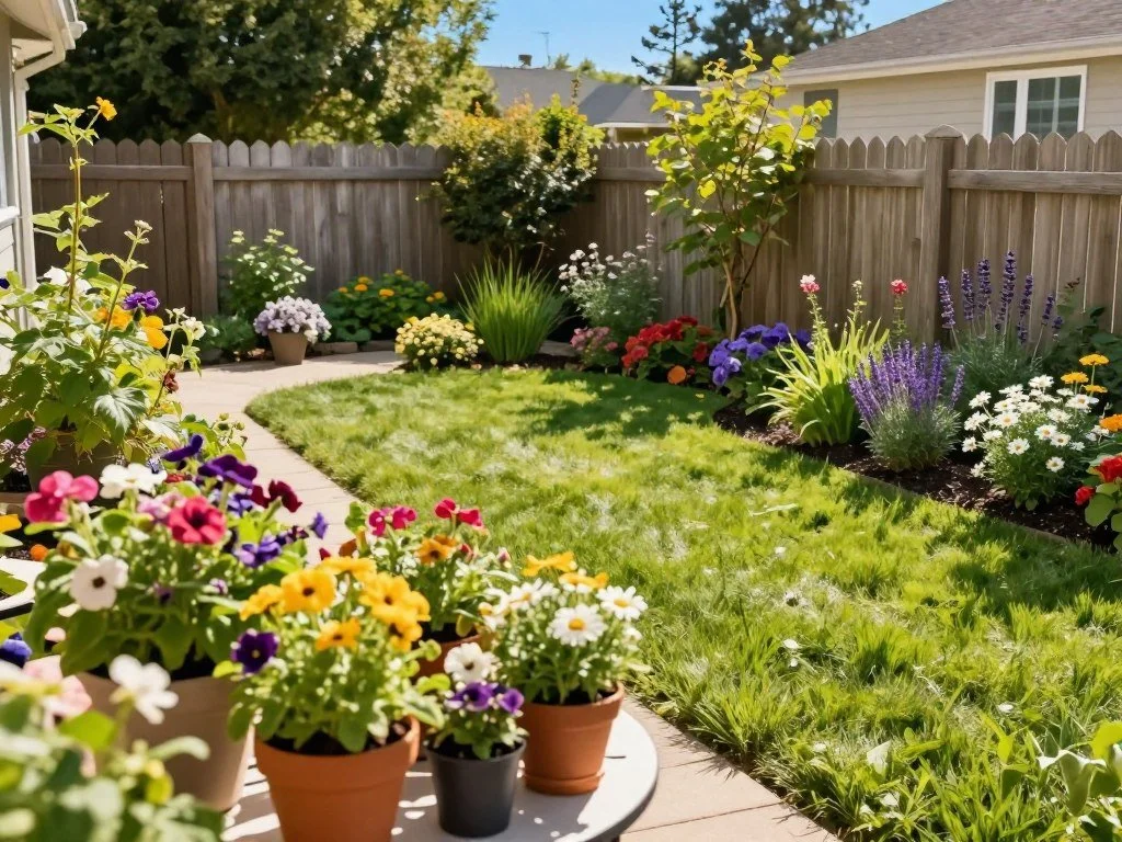 A serene front yard scene showcasing a diverse selection of plants ideal for landscaping. In the foreground, a small table is dotted with vibrant potted plants, including colorful flowers and lush greenery, capturing attention.