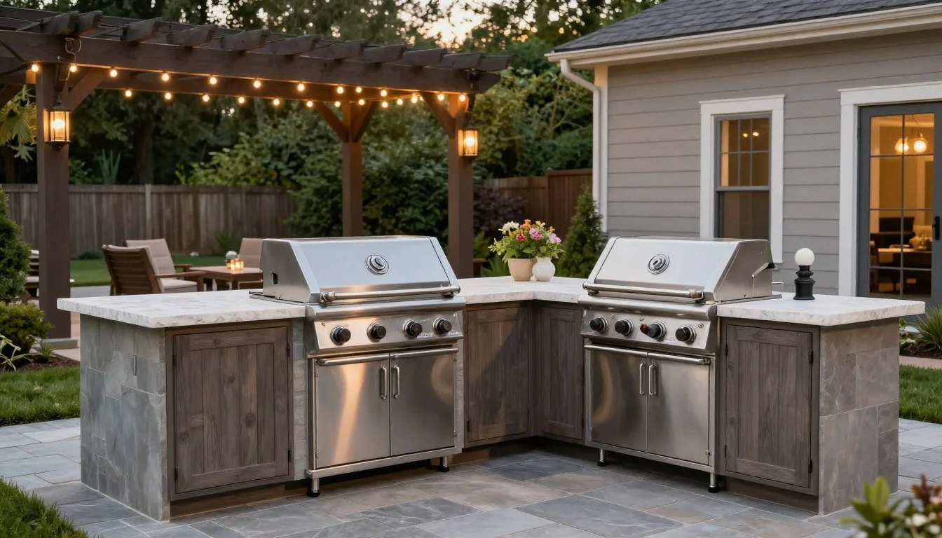 Luxurious outdoor kitchen in Pennington NJ backyard with built-in gas grill and custom cabinets