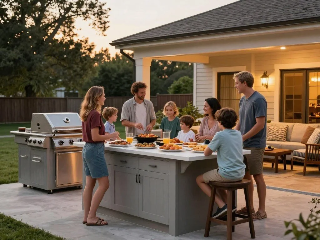 Family gathering around outdoor kitchen island in Pennington NJ backyard