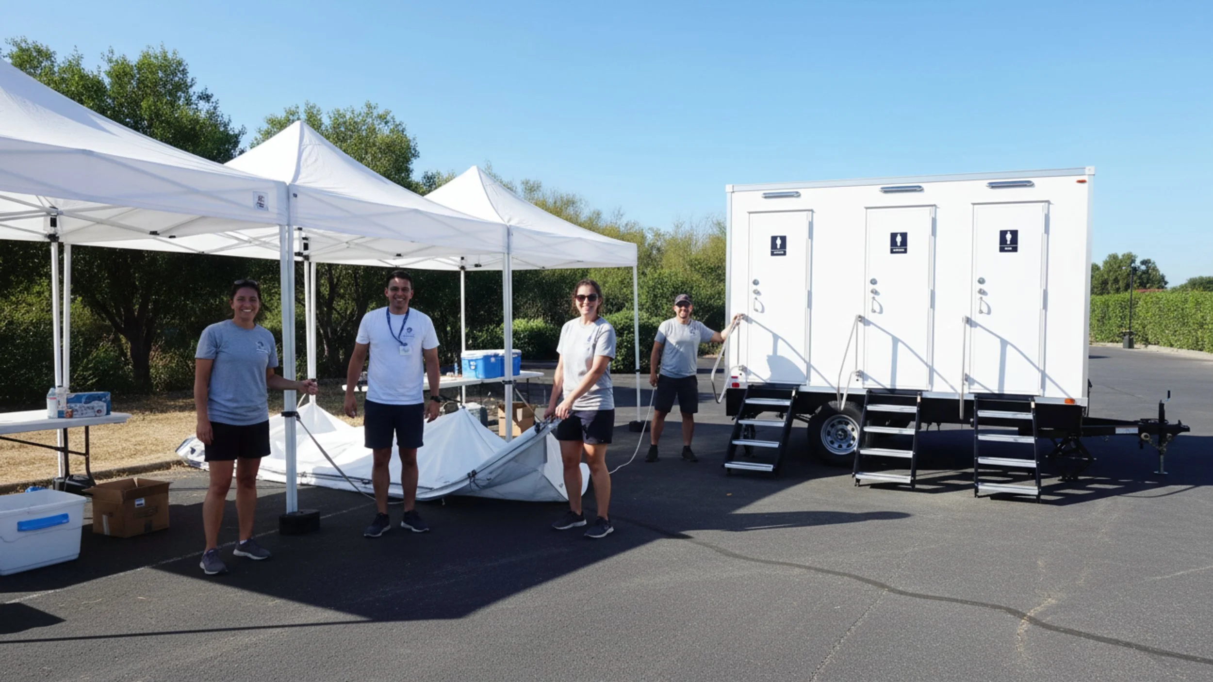 Four people setting up tents and portable toilets at an outdoor event site with trees and a clear blue sky.