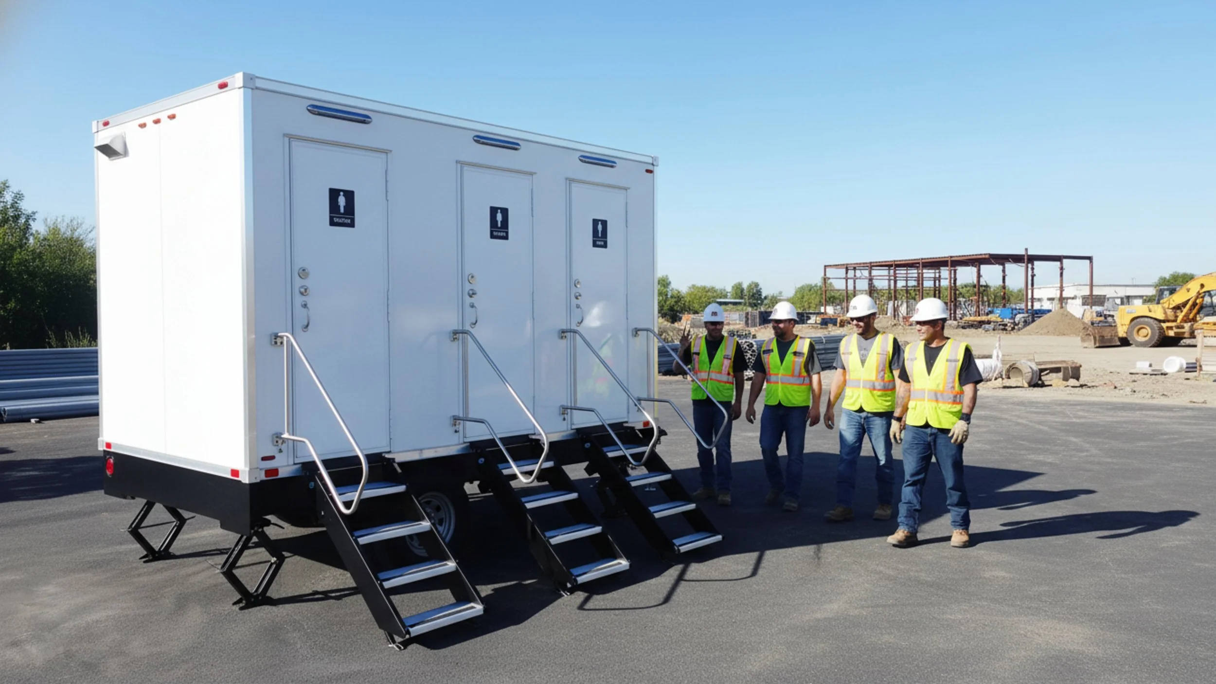 Construction workers in safety vests and helmets surrounding a portable restroom station on a construction site.