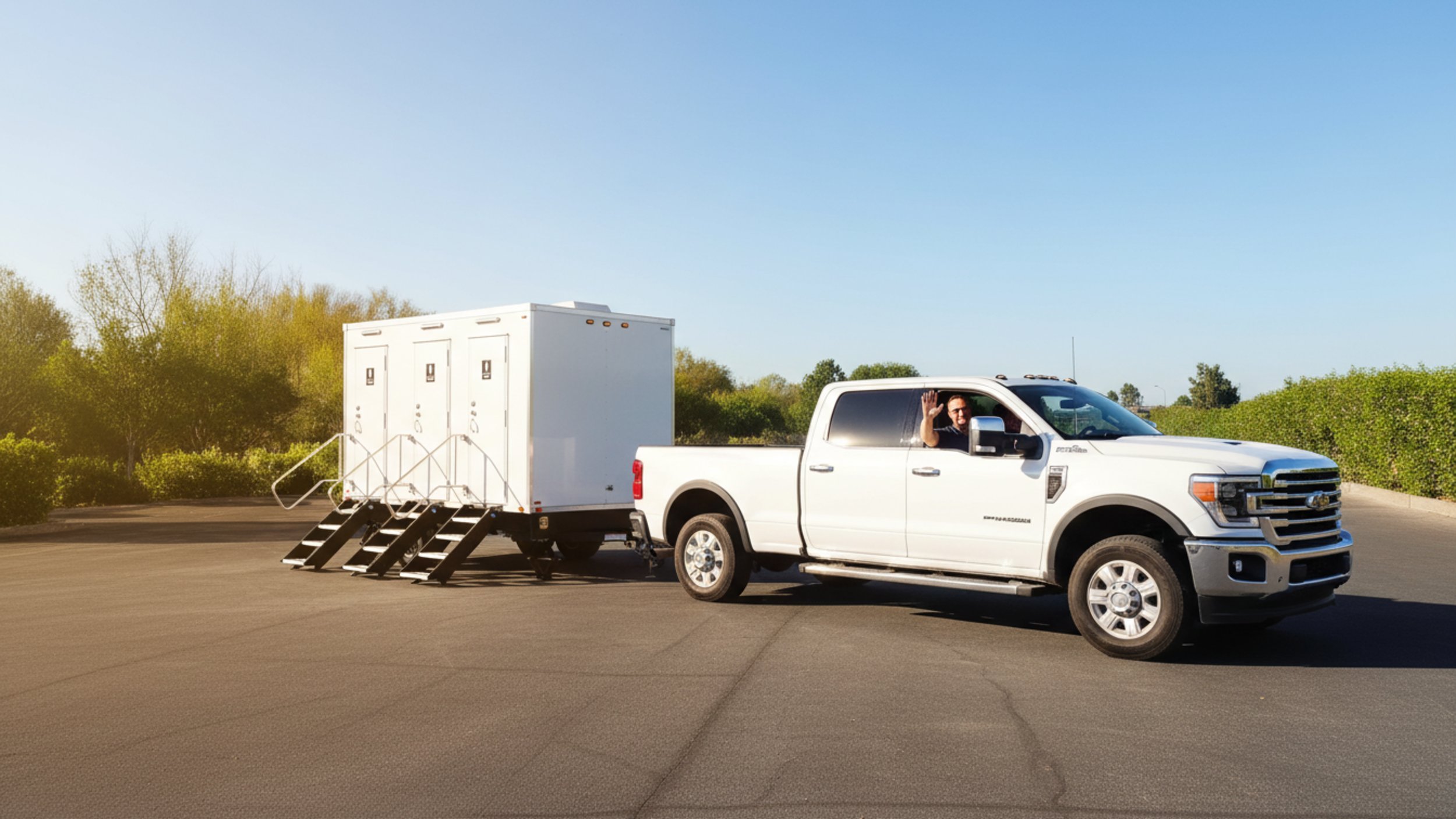 White pickup truck with a trailer carrying a white mobile office or storage unit, parked on an open paved area with green trees and bushes in the background. A man in the truck is waving.
