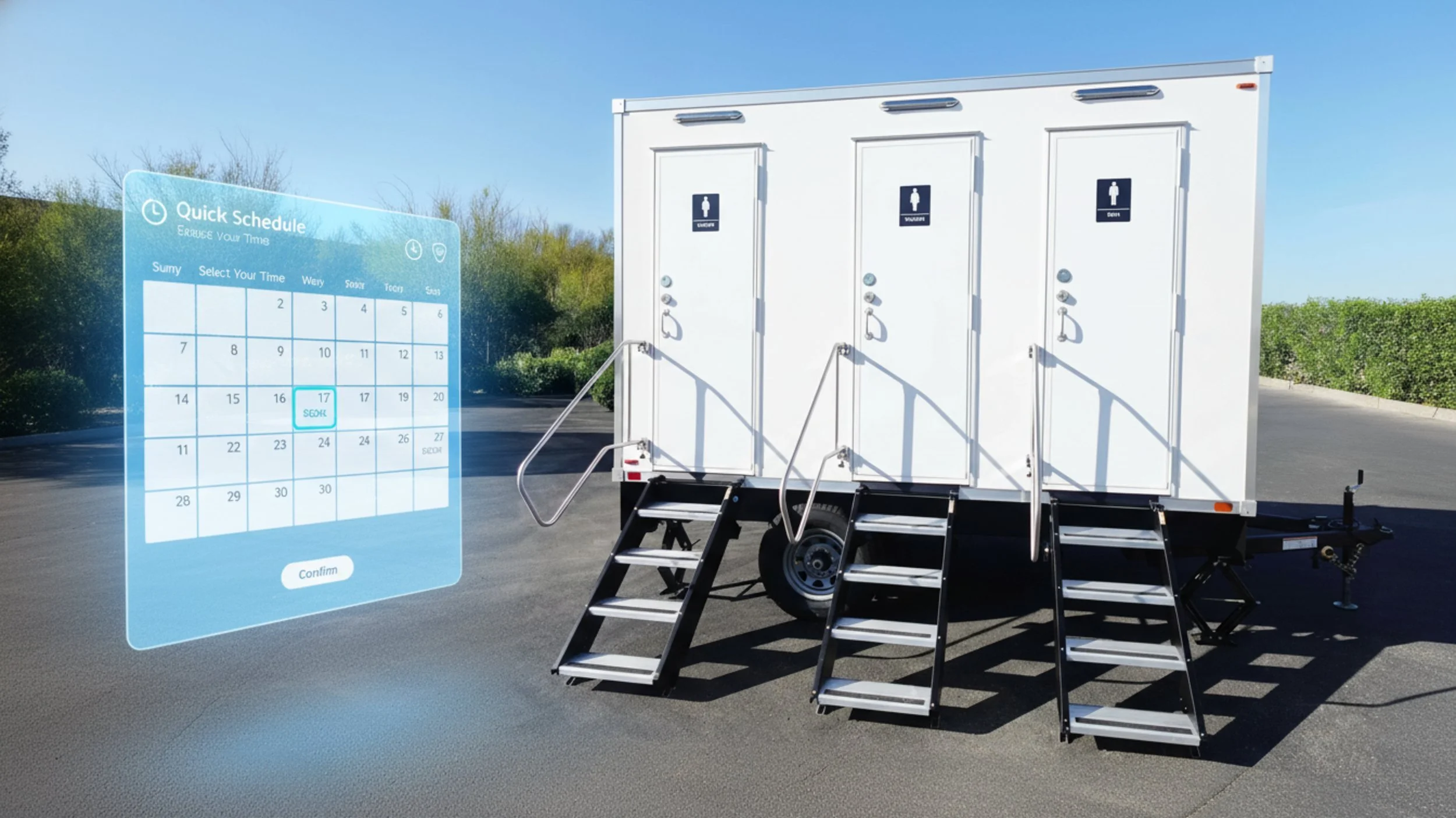 A portable restroom trailer with three doors labeled for men and women, set up outdoors on a paved surface with stairs leading up to the doors, and a virtual overlay showing a digital quick schedule for a calendar in the foreground.