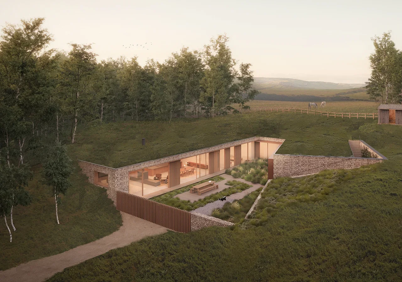 ARUNHOUSE_UNDERGROUNDHOME_AONB_COURTYARDLIVING_CLAYWORKS_CRAFTED_AERIAL_PADSTUDIO.webp