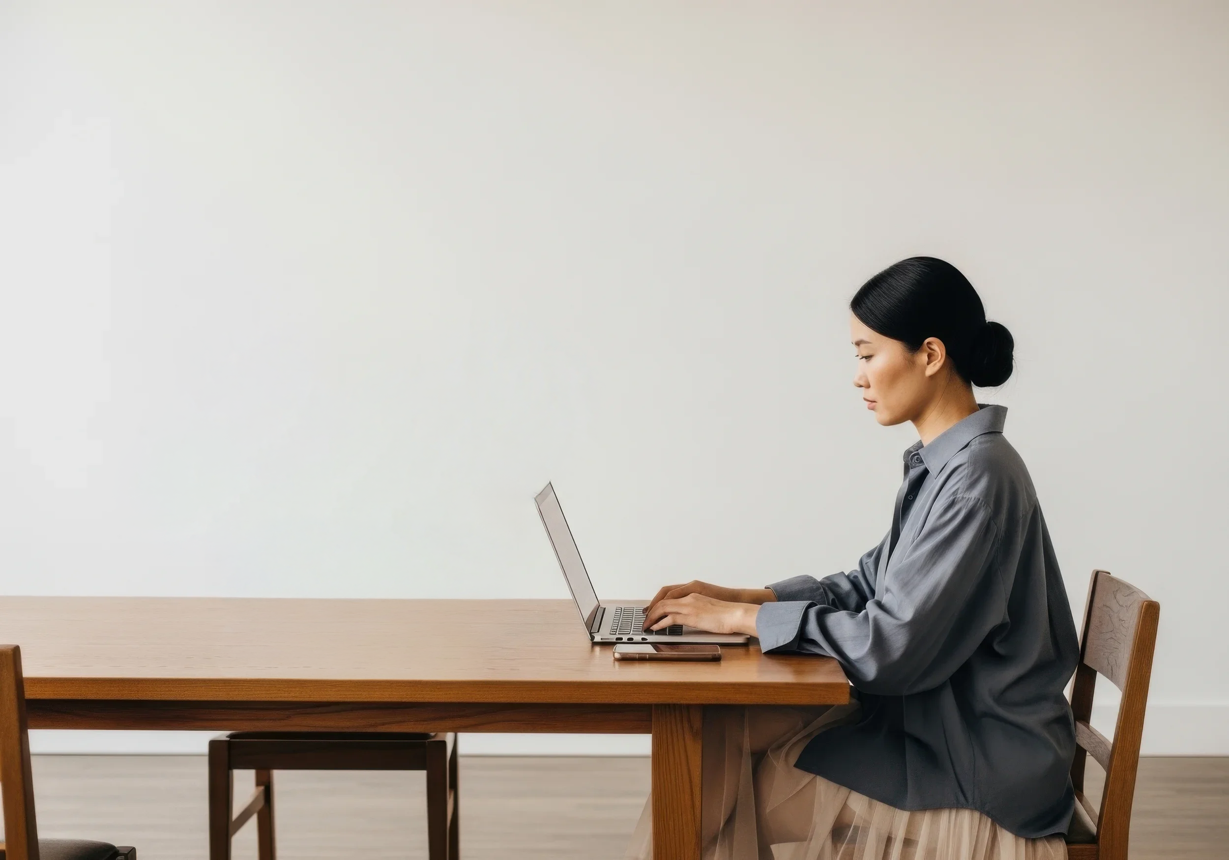 Woman in gray shirt working on laptop at a wooden table in a minimalistic room.