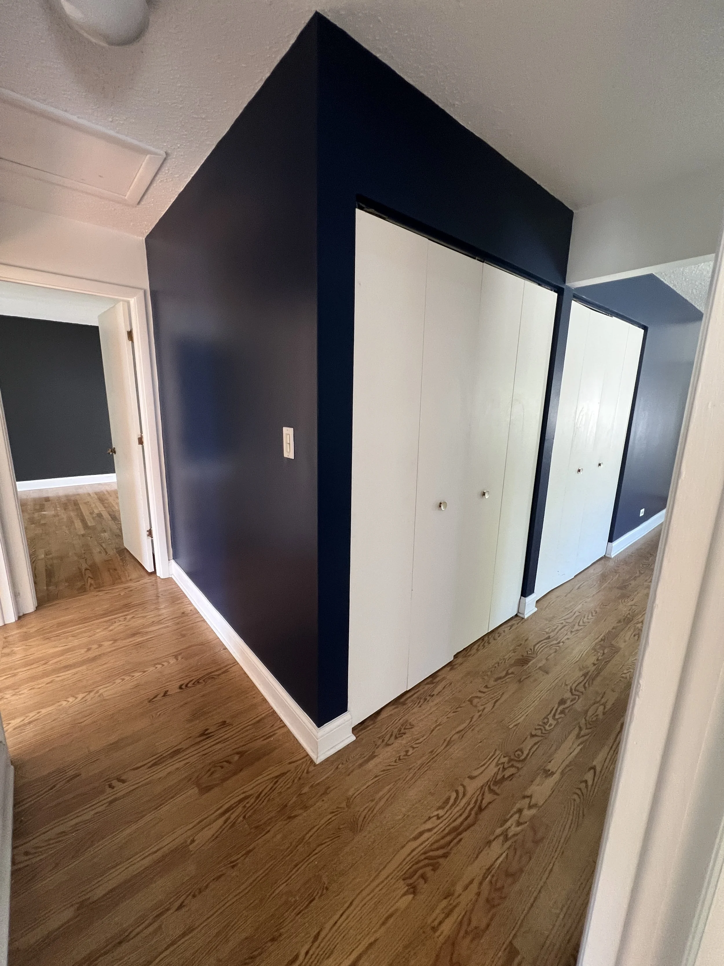 Hallway with dark blue walls, wooden floor, and a closet with white sliding doors.