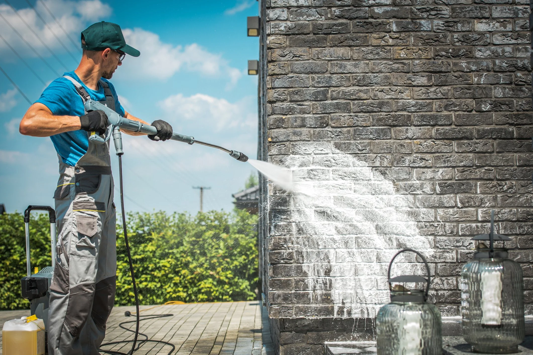 A man wearing a green cap, glasses, blue t-shirt, and work overalls uses a pressure washer to clean the exterior brick wall of a building on a sunny day. Two glass lanterns are on the ground nearby.