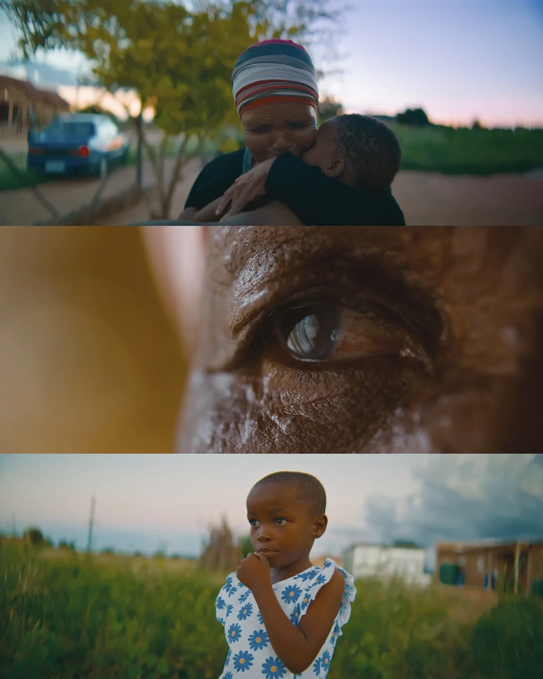 Documentary frame grabs of an elderly woman and young boy hugging outdoors; second is a macro shot of an eye; third is a young girl in a field looking thoughtful.