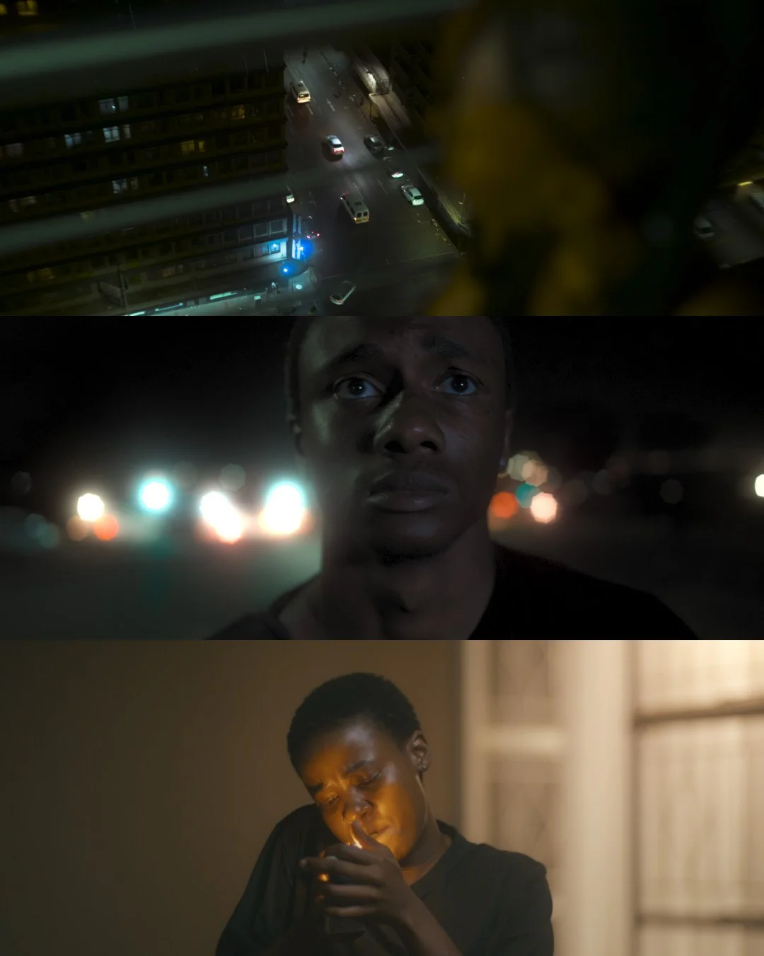 Narrative cinematography frame grabs of a nighttime view of a city street from above, a young woman with short hair looking with concern, and a young girl lighting a matchstick in a dimly lit room.