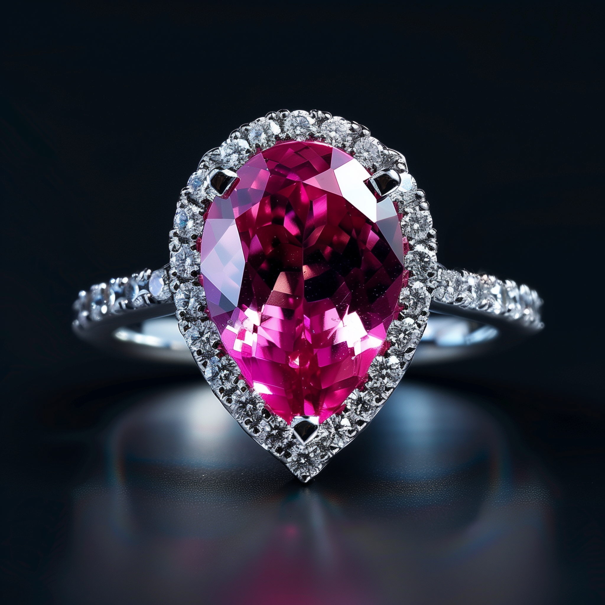 Close-up of a silver ring with a large, oval-shaped pink ruby center stone surrounded by smaller diamonds on a dark background.