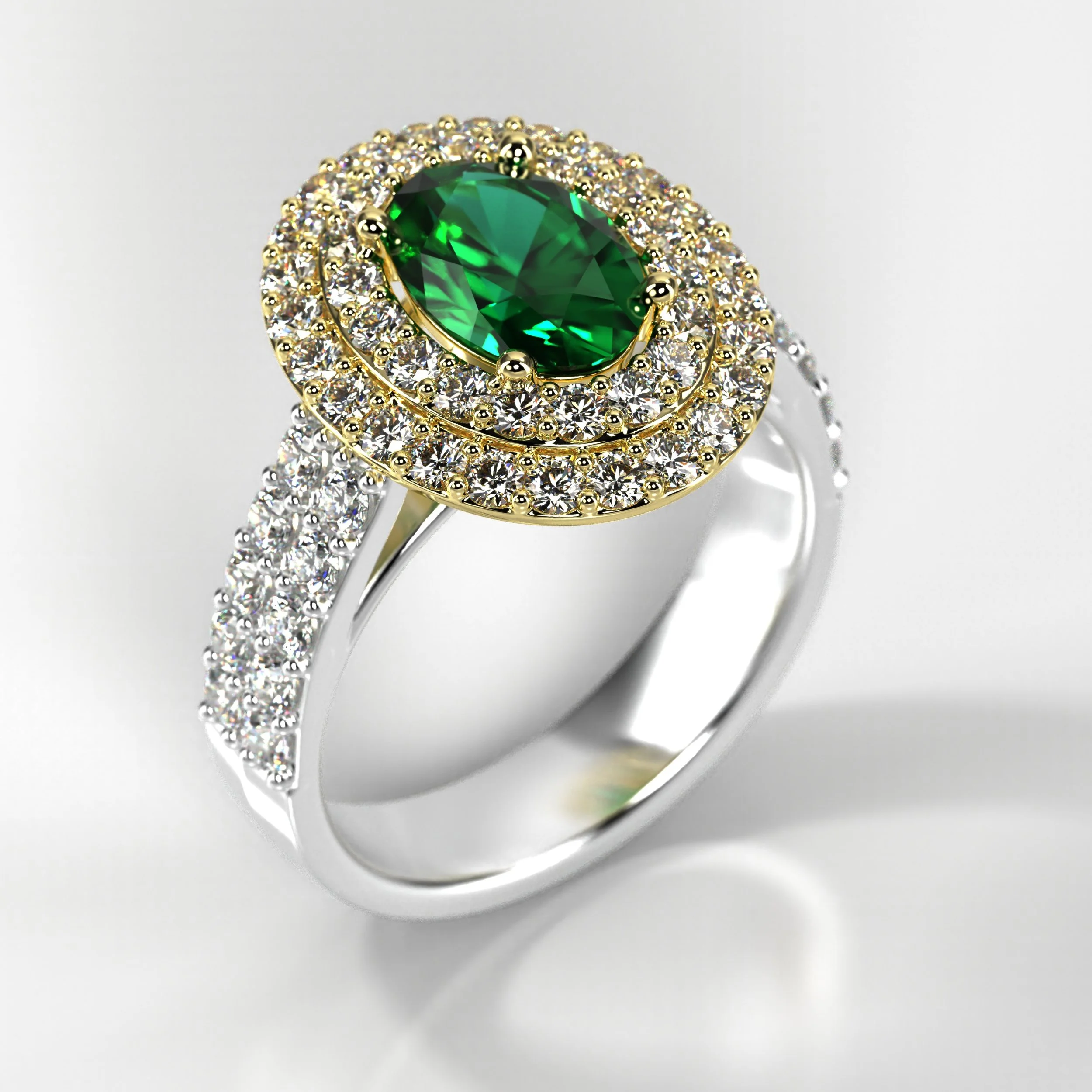 A silver ring with a large green gemstone at the center, surrounded by small clear diamonds in a halo design.
