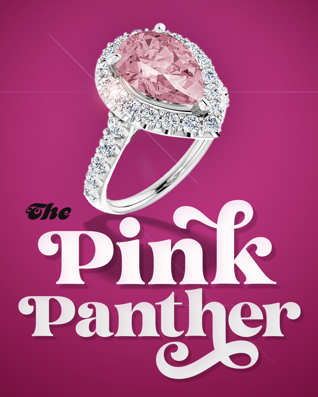 A promotional graphic for the book 'The Pink Panther' featuring a silver ring with a large pink gemstone surrounded by smaller clear stones, set against a magenta background with the title text in black and white.