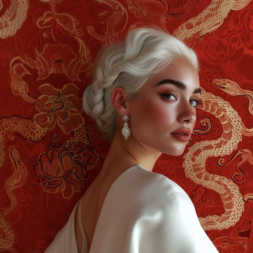 A woman with platinum blonde hair styled in an elegant braid, wearing pearl earrings, posed against a red background with gold dragons and floral patterns.