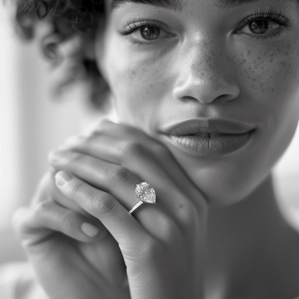Close-up black and white portrait of a young woman with freckles, holding her hand near her face, showing a large heart-shaped ring on her finger