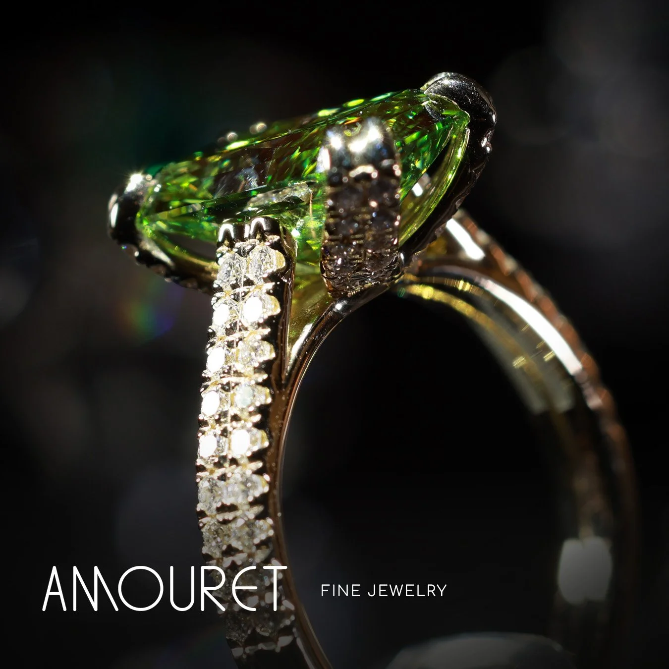 Close-up of a diamond-studded ring with a large green gemstone on a dark background.