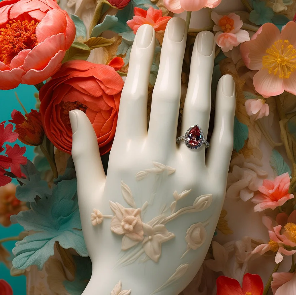 A white ceramic hand sculpture with floral relief details, surrounded by colorful artificial flowers, and wearing a silver ring with a large red gemstone.