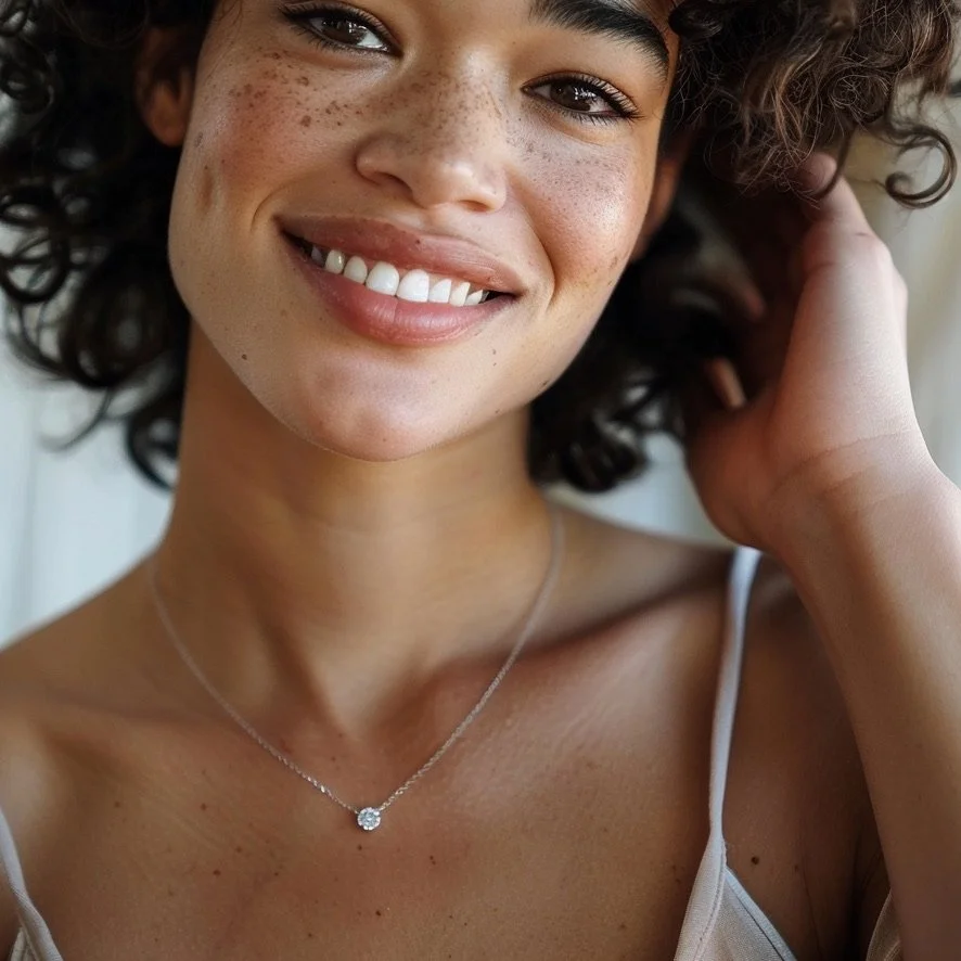 Close-up of a smiling woman with curly hair, freckles, and light skin, wearing a silver necklace with a round pendant, and a white top.