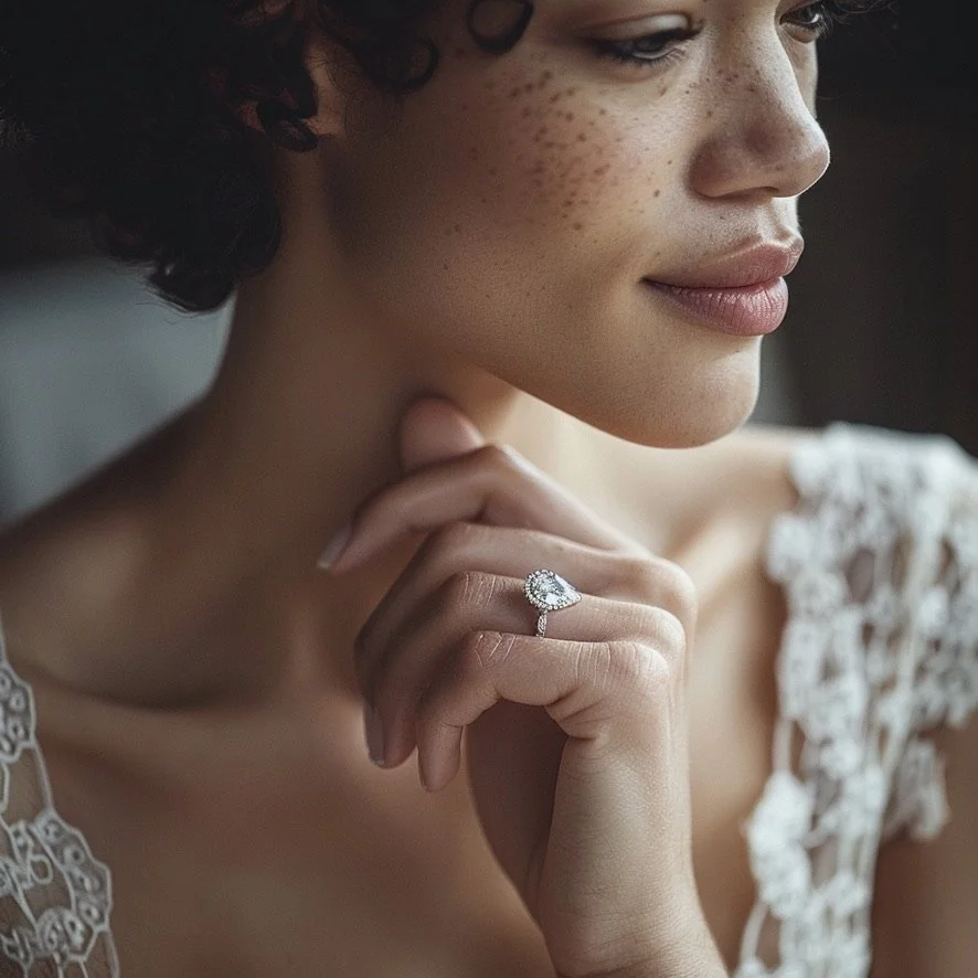 Close-up of a woman with short curly hair and freckles, wearing a lace dress, showing a diamond ring on her finger.