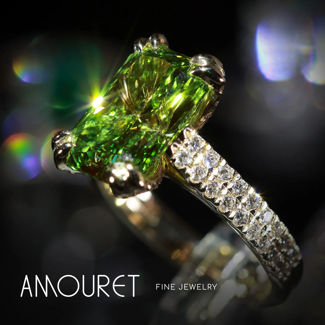 Close-up of a ring with a large, emerald-cut green gemstone surrounded by smaller diamonds on a black background with light reflections.