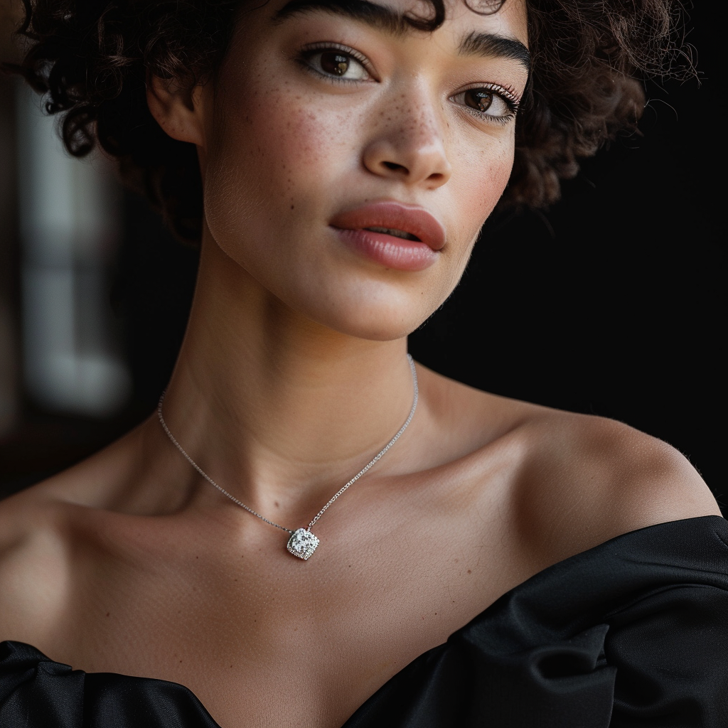 Close-up of a young woman with curly hair, freckles, wearing a black off-the-shoulder top and a silver necklace with a square pendant, against a dark background.