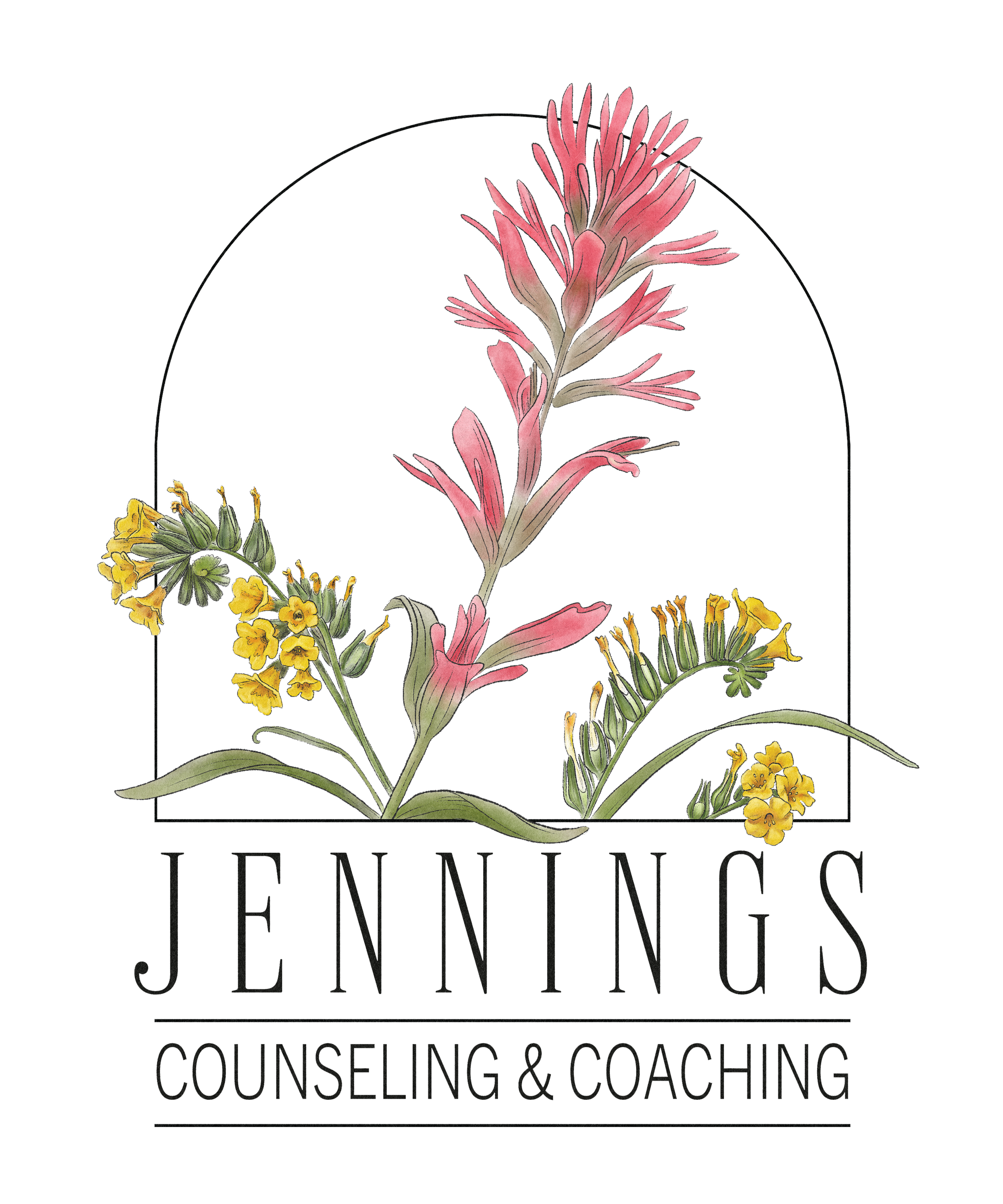 A logo for 'JENNINGS Counseling & Coaching' featuring a stylized arch with pink and yellow flowers and green leaves, with the business name and tagline beneath.
