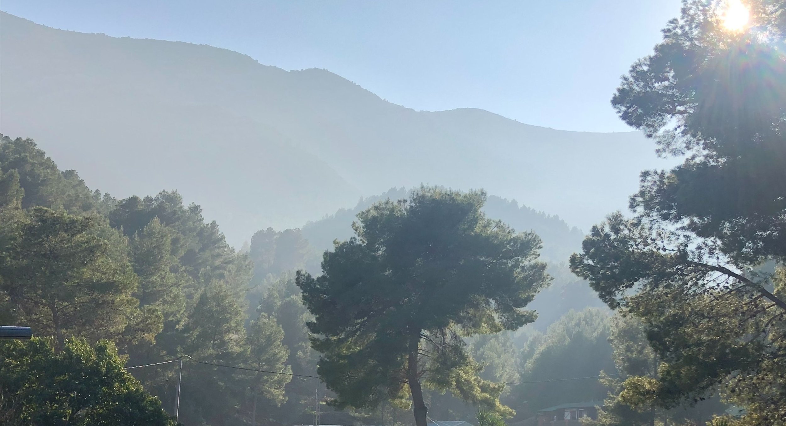 Sun shining over a forested mountain landscape with trees and mist in the background.