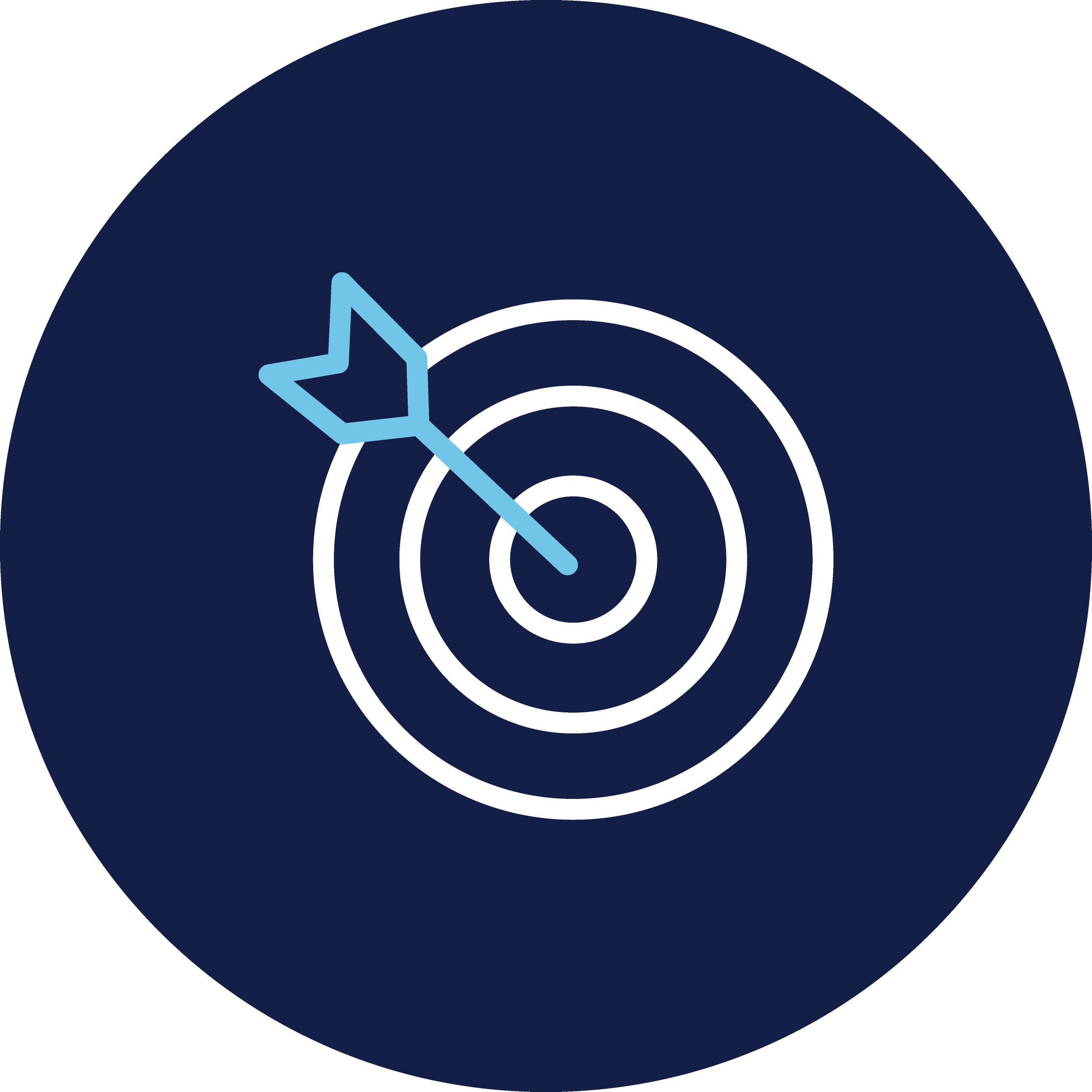 Illustration of a target with concentric circles and a blue arrow hitting the bullseye, against a dark background.