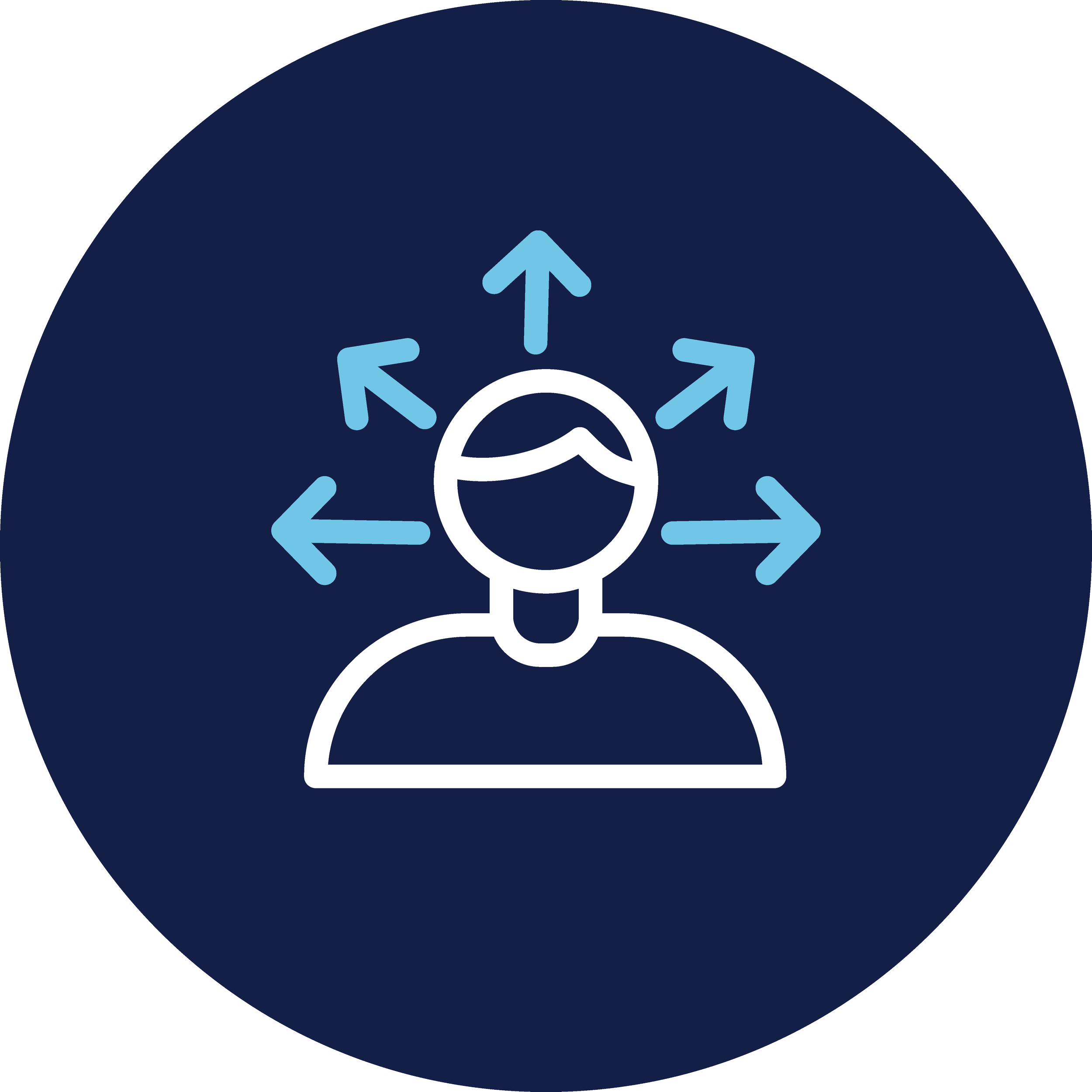 Graphic with a person and arrows pointing outward in various directions, symbolizing expansion or diversity.