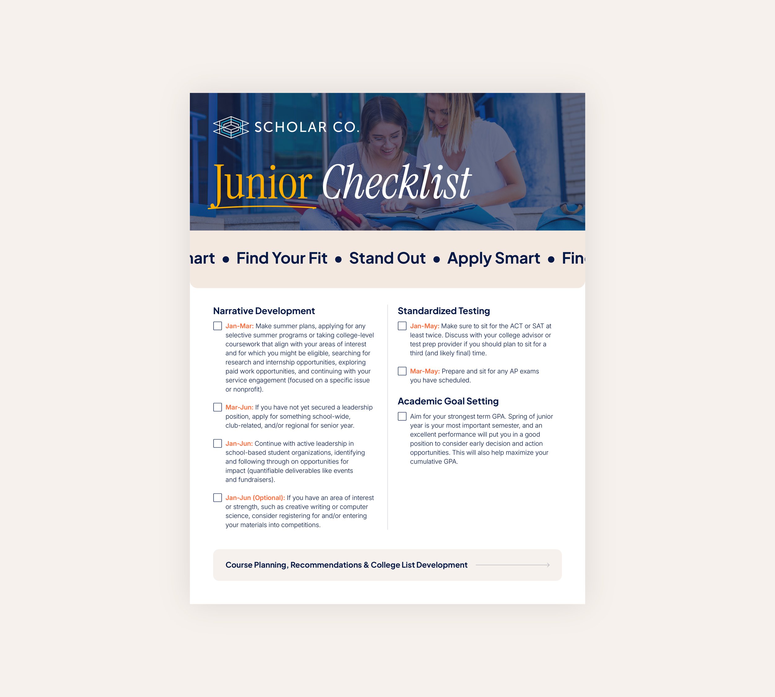A college checklist titled 'Junior Checklist' with sections on narrative development, standardized testing, and academic goal setting. The page features a photo of two students studying outdoors at the top.