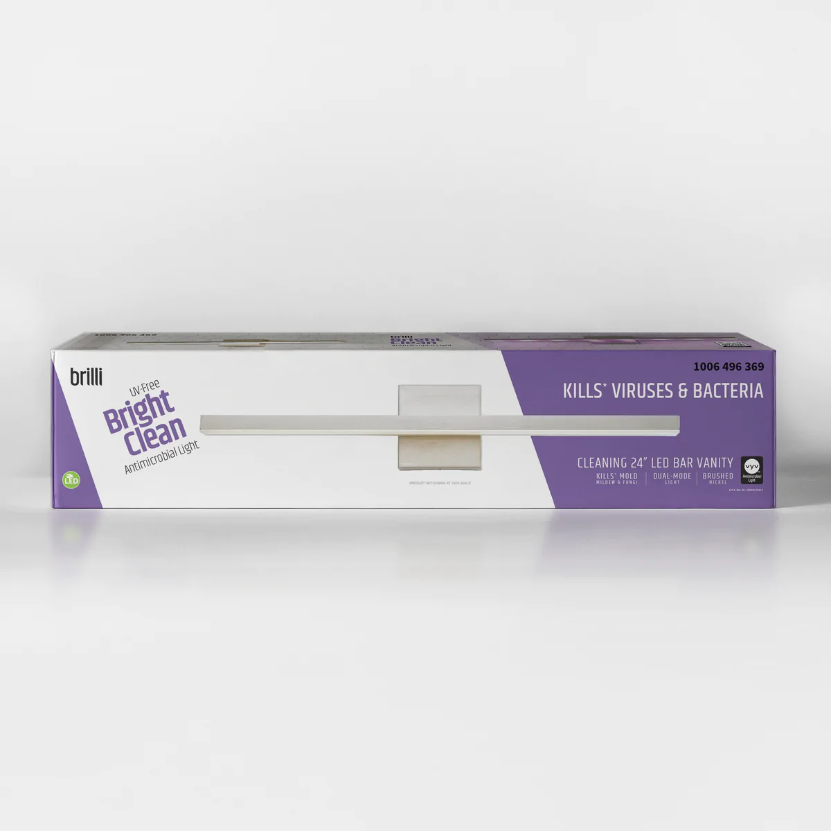 Packaging box for Brilli Bright Clean 24-inch LED bar vanity light with purple and white design, featuring product details and features.