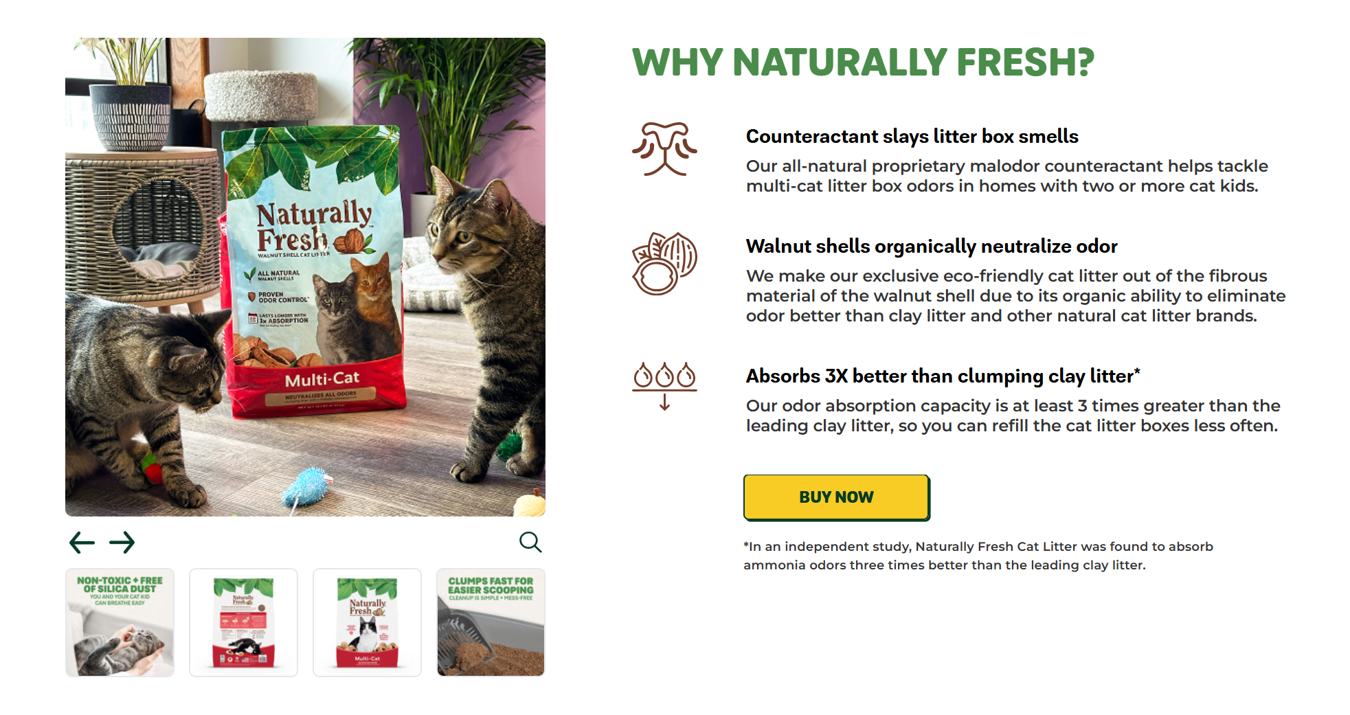 A marketing image for Naturally Fresh cat litter featuring two cats and a bag of the product. One cat is a tabby with a red and green toy, and the other is a brown tabby near the litter box. The background includes indoor plants, a woven cat house, and a purple wall.