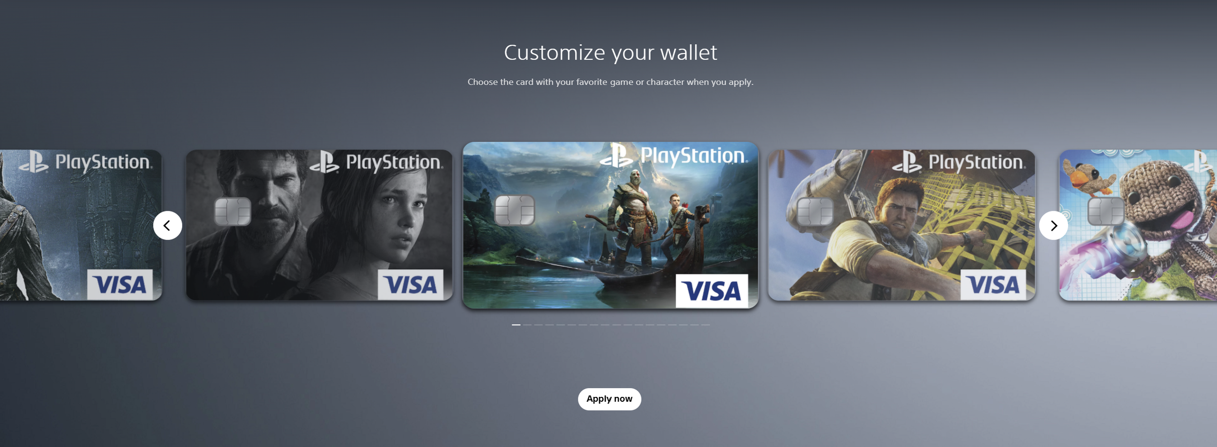 A digital interface displaying a selection of PlayStation Visa cards with different game or character themes, arranged horizontally. The cards include images from various popular video games, and there is a button labeled 'Apply now' below the cards.