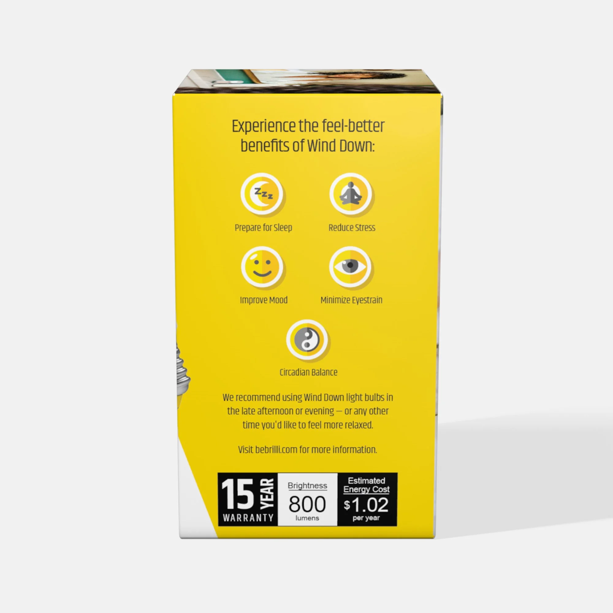 Yellow box packaging with text promoting the benefits of Wind Down light bulbs, including sleep preparation, stress reduction, mood improvement, minimizing eyestrain, and circadian balance, with additional product information at the bottom.