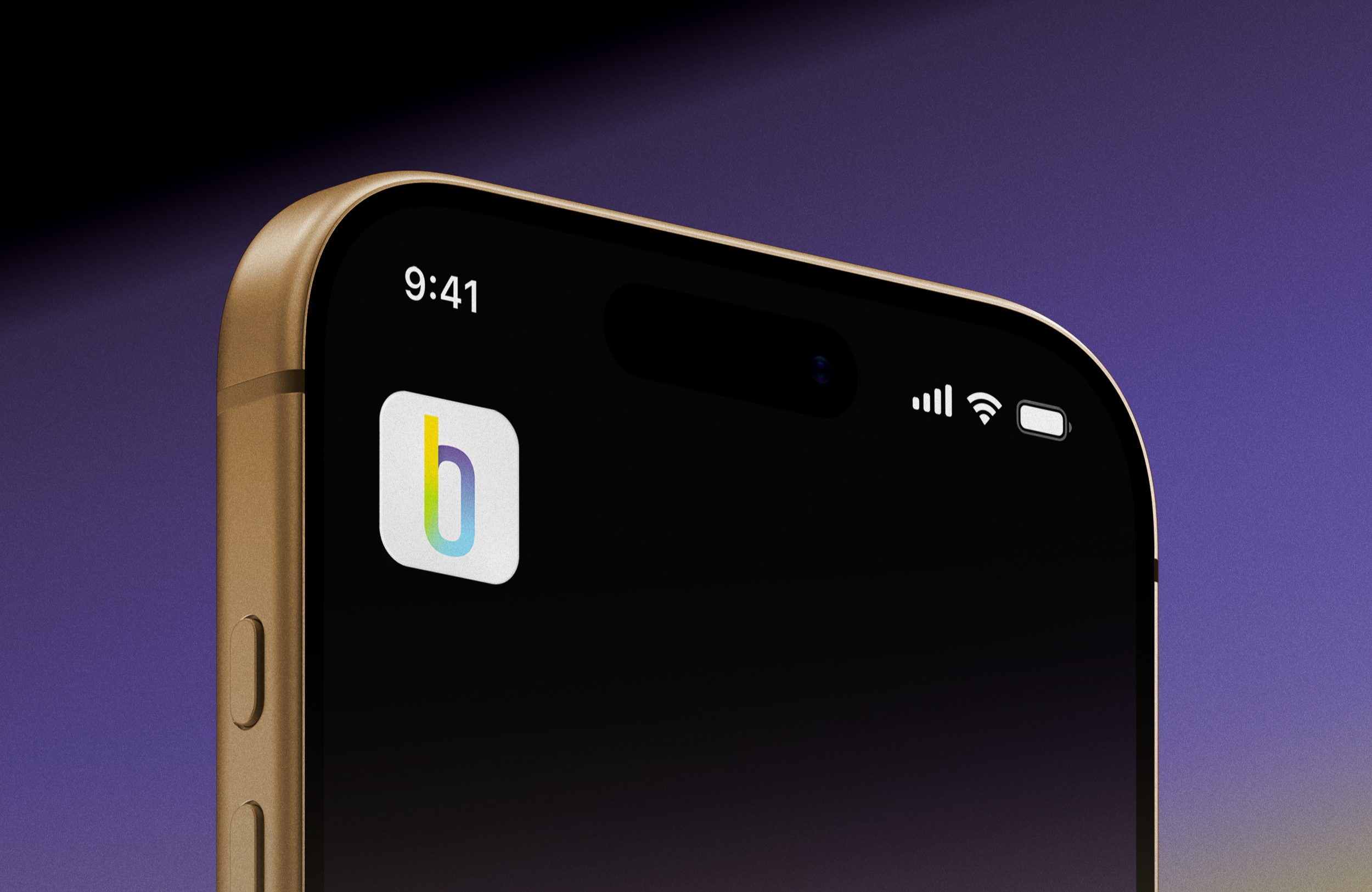 Close-up of the top corner of a gold iPhone showing the app icon in the top left corner, the time 9:41, Wi-Fi signal, cellular signal, and battery indicator, against a gradient blue-purple background.