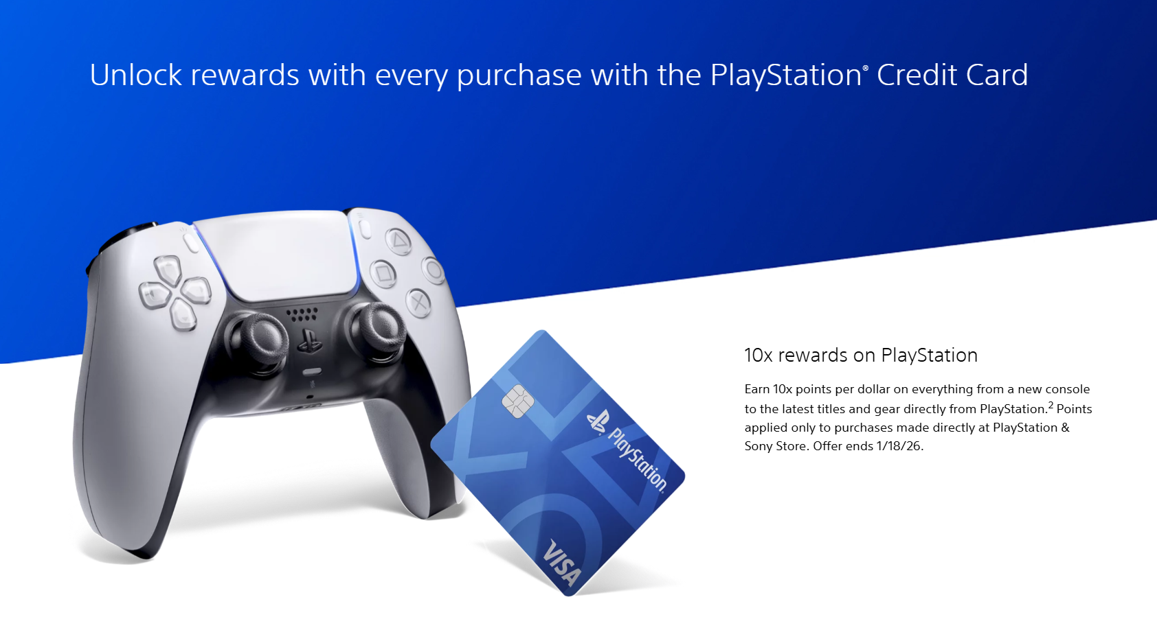 A PlayStation 5 console's DualSense controller and a blue Visa PlayStation credit card are shown on a promotional background with text about earning 10x rewards with a PlayStation credit card.
