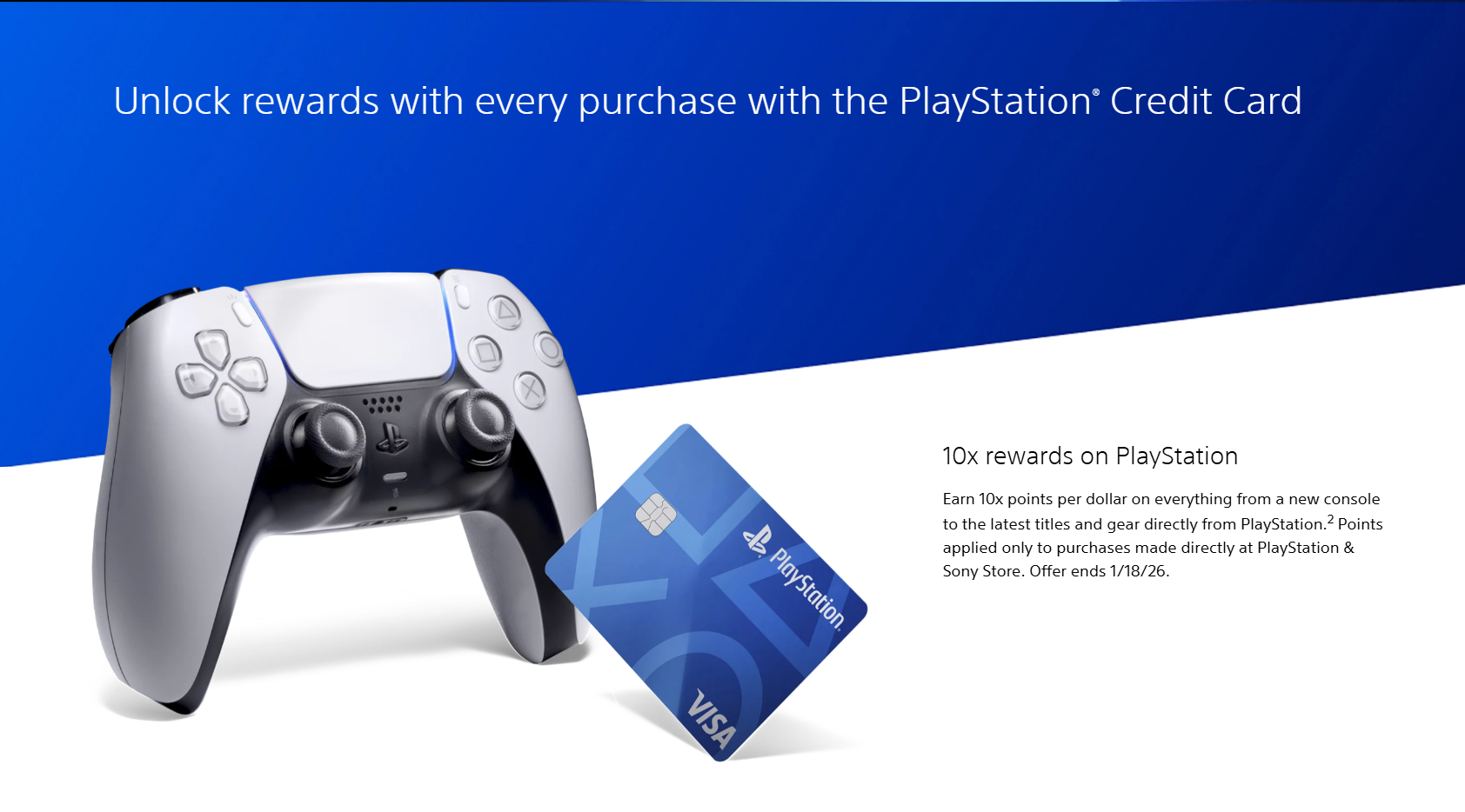 Promotional graphic for PlayStation credit card rewards, featuring a white PlayStation 5 controller and a blue PlayStation Visa card, with text about earning 10x points on purchases, valid until January 18, 2026.