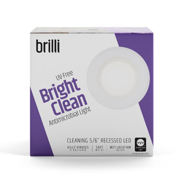 Packaging box for Brilli Bright Clean UV-Free antimicrobial light with a recessed LED, featuring purple and white design elements.