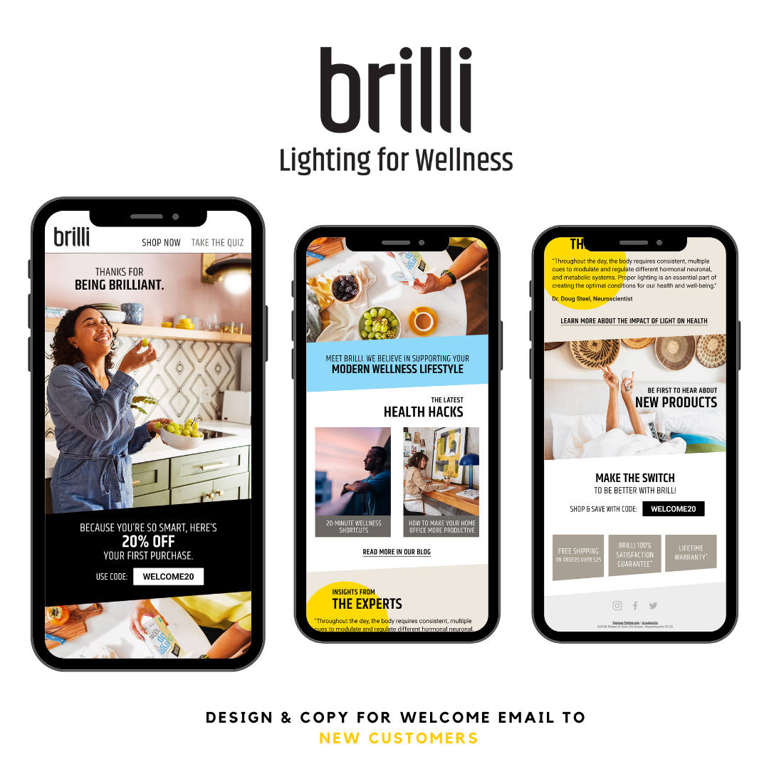 Three smartphone screens showing promotional content for Brilli lighting for wellness, with images of people, health tips, and discount offers, on a white background.