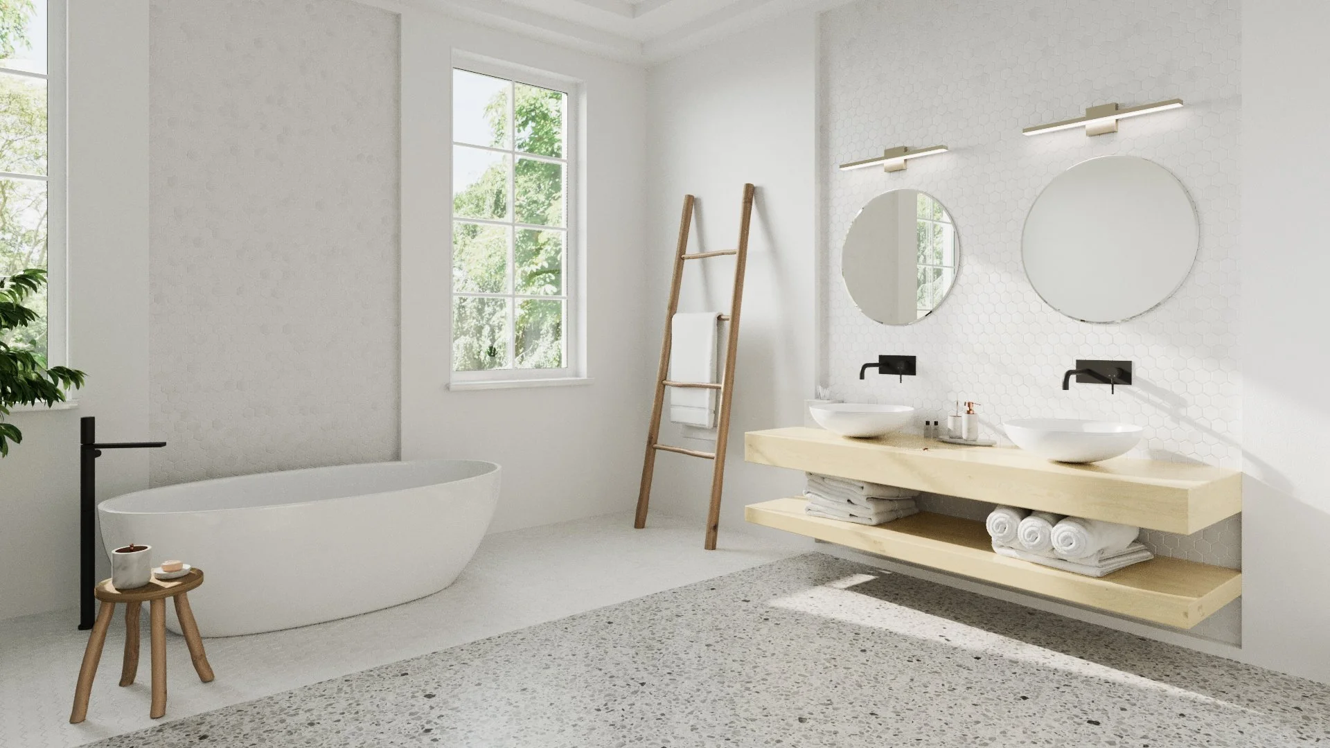 Modern bathroom with a white freestanding bathtub, a wooden ladder with towels, two round mirrors above a beige floating vanity with double vessel sinks, and large windows with natural light.